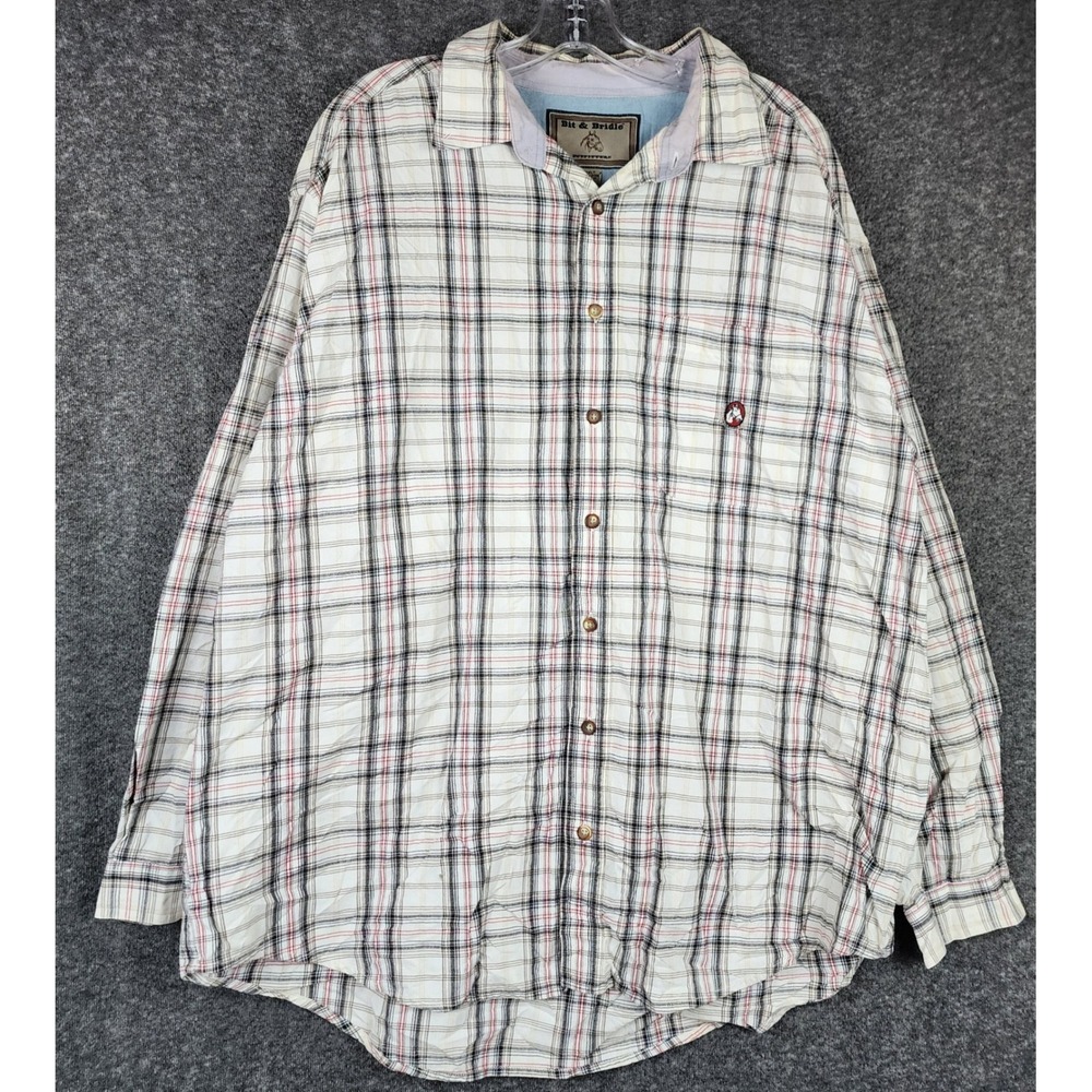 Bit & Bridle Button Down Shirt Mens 2XLT White Plaid Long Sleeve Cotton 293049